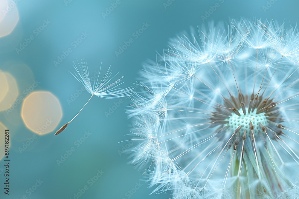 Fototapeta premium Dandelion puff with some seeds about to fly away, high detail, concept of fragility and transformation, soft background blur. Generative AI