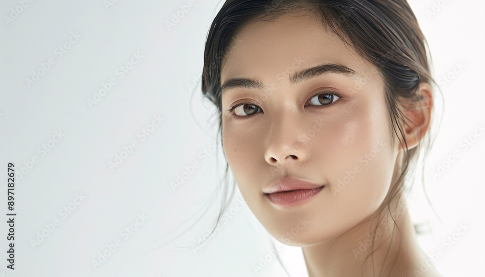 Fototapeta premium Radiant Portrait of an Asian Woman with Flawless Complexion close up of woman