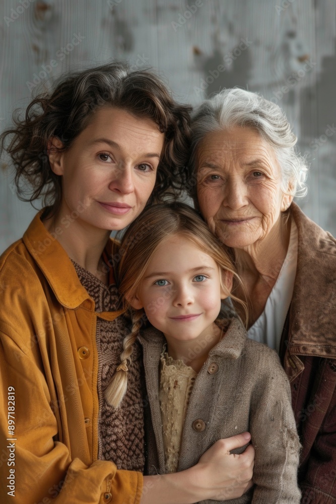 Fototapeta premium Woman and child with older woman, portraying family bond. Clothing reflects traditional attire.