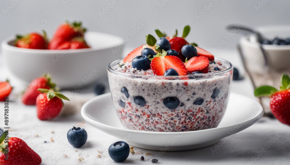A bowl of overnight oats topped with fresh berries, chia seeds, and almond butter on a white background
A bowl of overnight oats topped with fresh berries, chia seeds, and almond butter on a white background