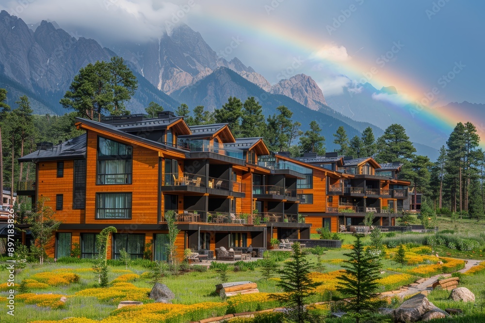 A cozy mountain resort with wooden lodges and a rainbow gracing the sky over the towering peaks nearby. A cozy mountain resort with wooden lodges and a rainbow gracing the sky over the towering peaks nearby.