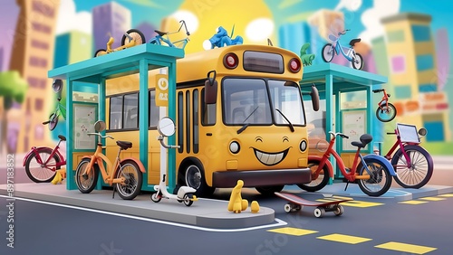 bus stop city transportation concept cartoon 3d rendering