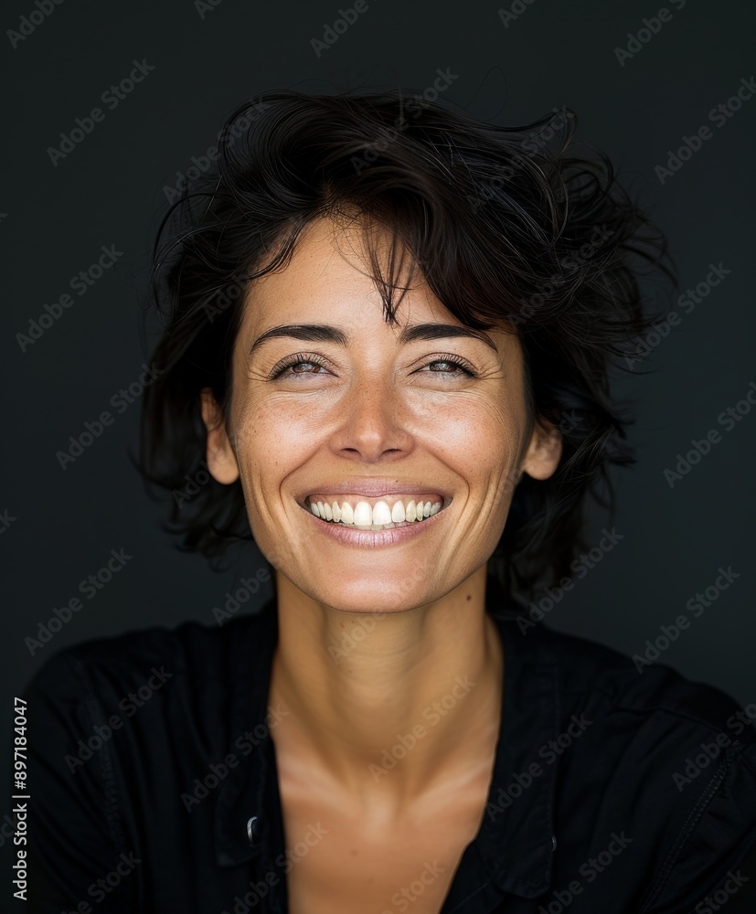 A portrait featuring a woman with dark hair and a bright smile. Her confident and joyful expression radiates positivity, set against a dark background. A portrait featuring a woman with dark hair and a bright smile. Her confident and joyful expression radiates positivity, set against a dark background.