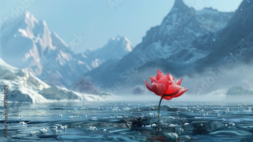 Flower blossoming amidst snowy peaks photo