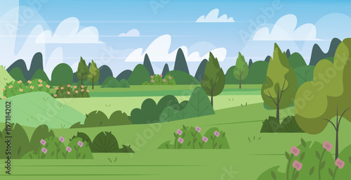 Countryside landscape with green grass, trees, shrubs,sky horizon and clouds. Summer scenery panorama. For prints, cover or card designs, art decoration. Vector illustration