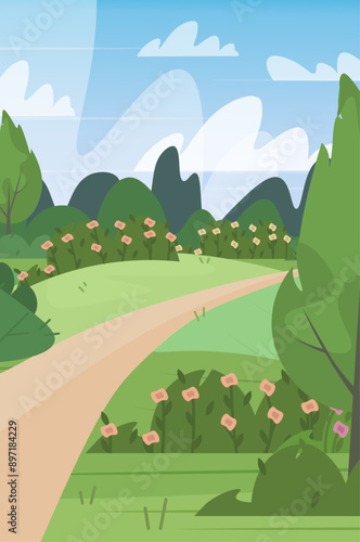  Valley, green garden, natural landscape. Travel, tourism. Web banner, Poster, Card, Book cover. Trendy flat design. Vector illustrations. Vertical