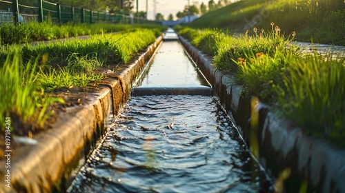 A drainage channel collects rainwater on the city outskirts. Concept Urban Infrastructure, Stormwater Management, Drainage System, City Planning