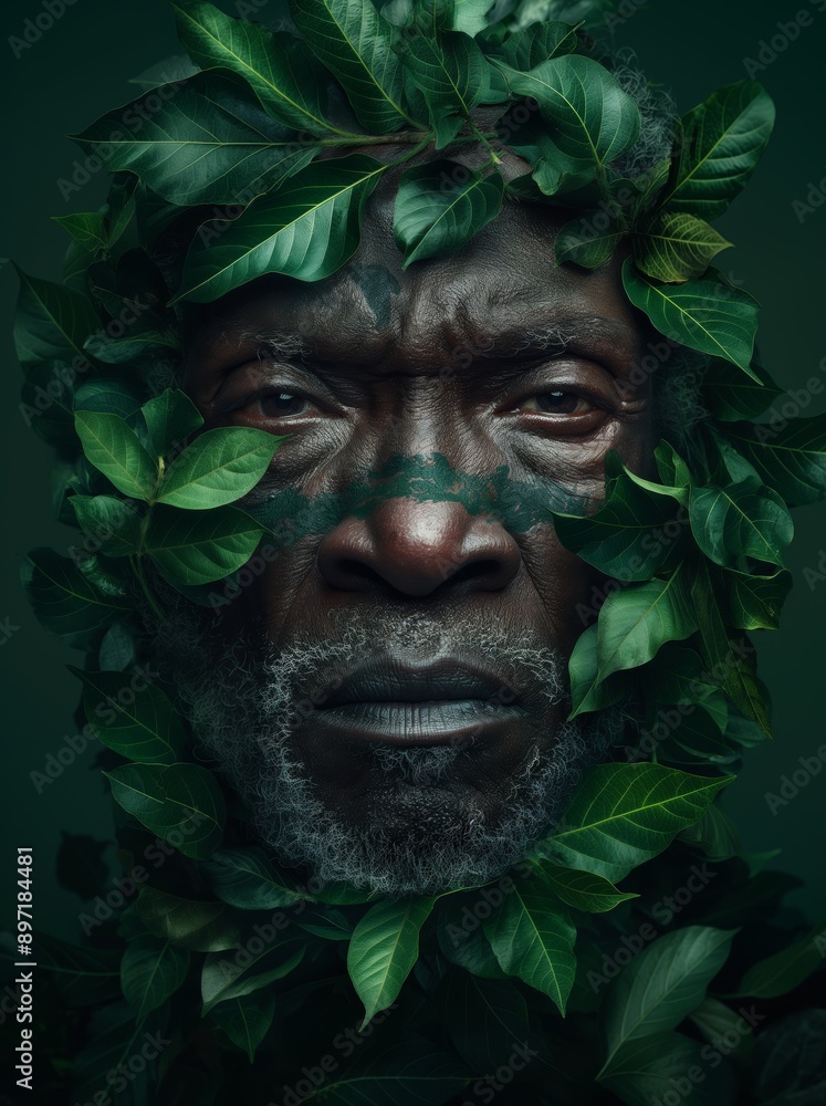 Intense Portrait of an Elderly Man with Painted Face Peering Through Green Leaves - Deep Expression and Nature Connection Intense Portrait of an Elderly Man with Painted Face Peering Through Green Leaves - Deep Expression and Nature Connection