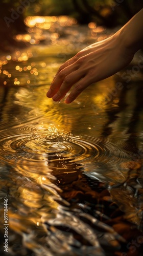 A hand gently touches water, creating ripples that reflect golden sunlight, symbolizing connection, tranquility, and the beauty of simple moments. photo