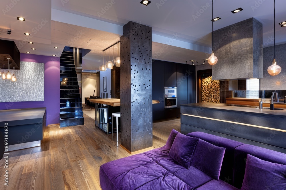 Luxury living room with a purple sofa and a fireplace. Luxury living room with a purple sofa and a fireplace.