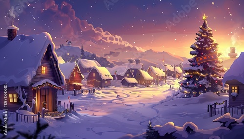 A snowy landscape with a Christmas tree and houses, anime cartoon style
