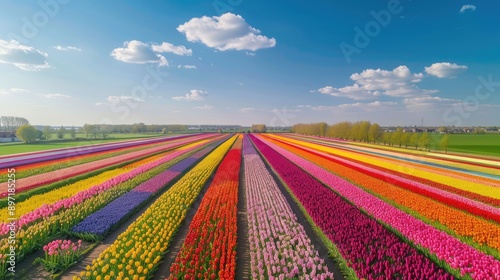 A stunning view of the vibrant tulip fields in the Netherlands.