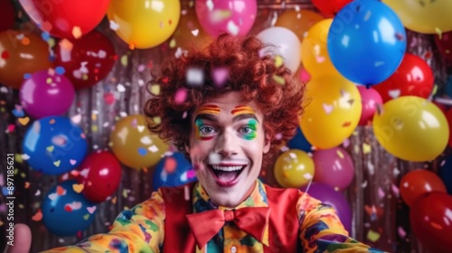 A Clown's Cheerful Smile Surrounded by Colorful Balloons and Confetti