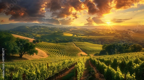 A stunning view of the vineyards and rolling hills of the Napa Valley, California.