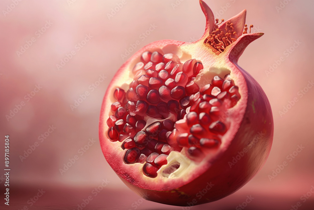 Close-up of a halved pomegranate, showing the juicy, ruby-red seeds in high detail, concept of natural food beauty and richness. Generative AI Close-up of a halved pomegranate, showing the juicy, ruby-red seeds in high detail, concept of natural food beauty and richness. Generative AI