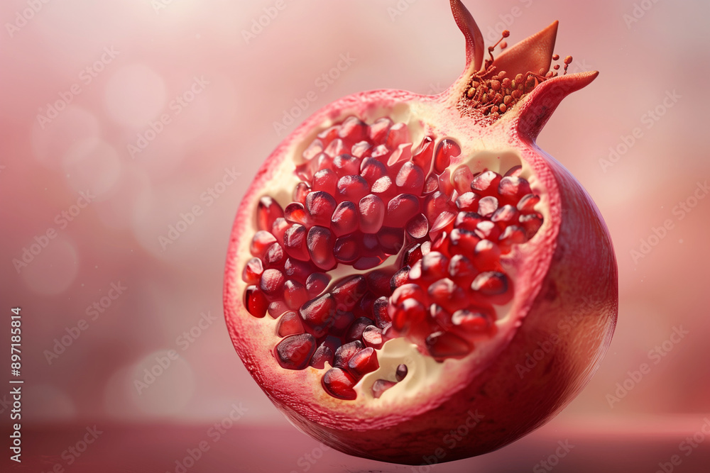 Close-up of a halved pomegranate, showing the juicy, ruby-red seeds in high detail, concept of natural food beauty and richness. Generative AI Close-up of a halved pomegranate, showing the juicy, ruby-red seeds in high detail, concept of natural food beauty and richness. Generative AI