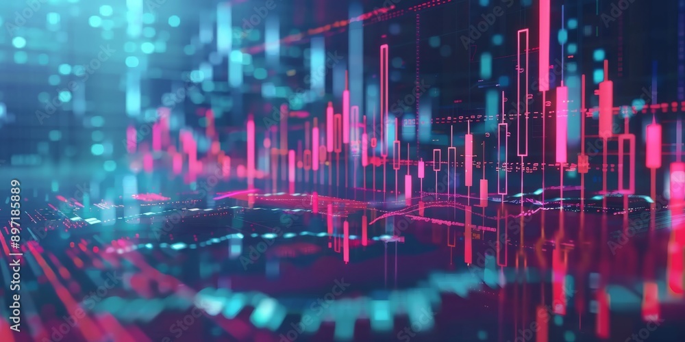 Visualization of stock market data with glowing blue and red bars, showing market trends and fluctuations Visualization of stock market data with glowing blue and red bars, showing market trends and fluctuations