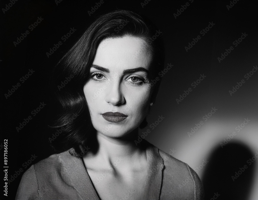 Elegant Film Noir Headshot of a Woman: Timeless Vintage Portrait with Dramatic Lighting and Shadows Elegant Film Noir Headshot of a Woman: Timeless Vintage Portrait with Dramatic Lighting and Shadows