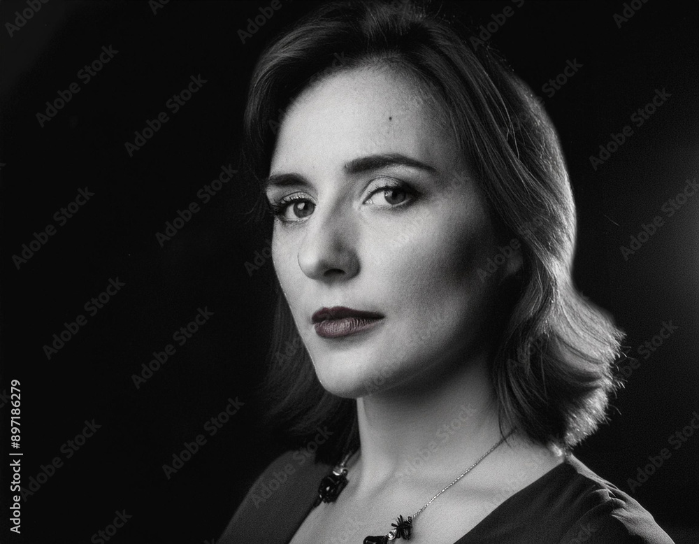 Obraz premium Elegant Film Noir Headshot of a Woman: Timeless Vintage Portrait with Dramatic Lighting and Shadows