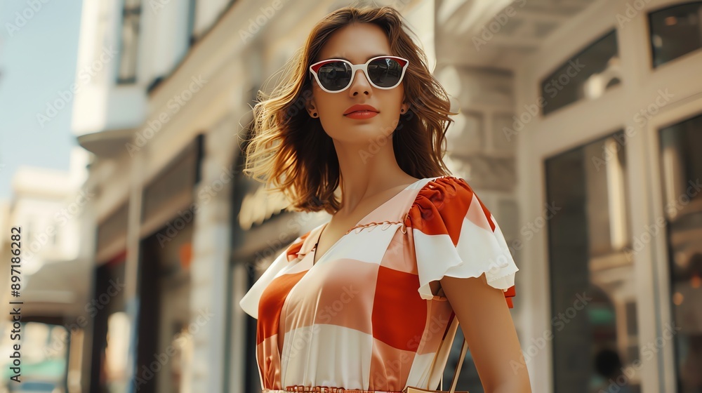A young woman in a white and red gingham dress and sunglasses walks down a city street. A young woman in a white and red gingham dress and sunglasses walks down a city street.