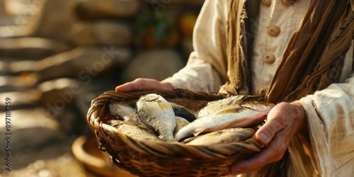 A person holding a wicker basket filled with fresh caught fish, ideal for use in food or travel related contexts photo