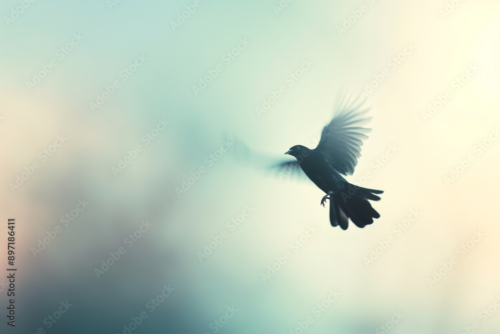 Fototapeta premium Blurred image of a bird in mid-flight against a bright sky, capturing the motion and freedom, concept of nature and movement. Generative AI