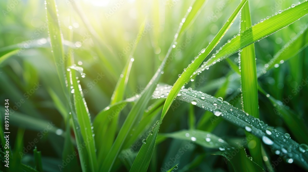 Dew drops on leaves and grass wallpaper with green field and sugarcane view Dew drops on leaves and grass wallpaper with green field and sugarcane view