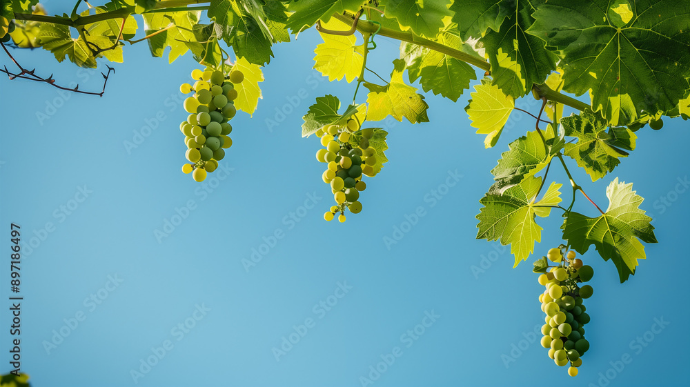 A close-up photo of grapevine leaves with clusters of grapes, set against a clear blue sky, capturing the richness and natural beauty. A close-up photo of grapevine leaves with clusters of grapes, set against a clear blue sky, capturing the richness and natural beauty.