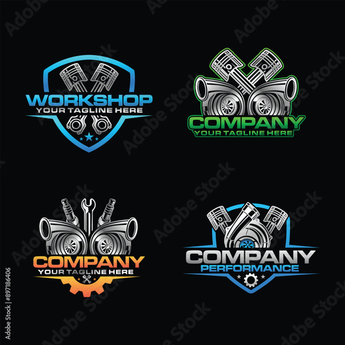 Set Diesel engine logo. workshop automotive engine piston design vector template