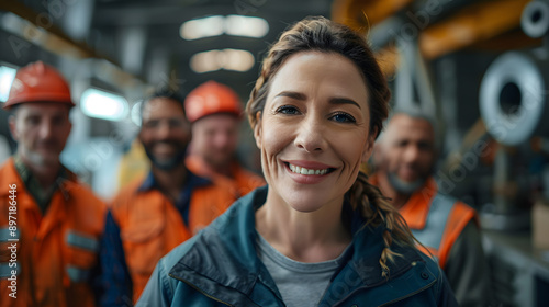 Portrait of smiling factory worker in front of group of diverse workers