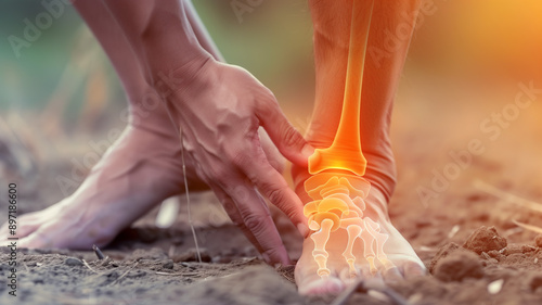 A man with ankle pain, focusing on his ankle joint and the outline of bones in orange, holding his ankle with both hands
