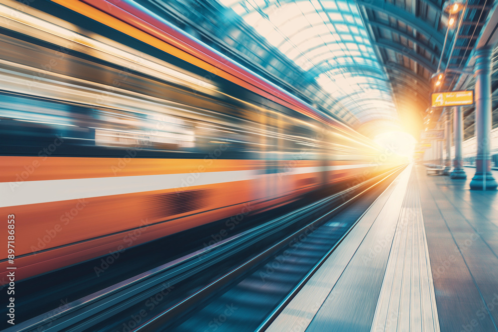 Fast moving train. Blurred Image of Speeding Train Passing Through Station, Capturing Motion and Energy, Concept of Travel and Progress. Generative AI Fast moving train. Blurred Image of Speeding Train Passing Through Station, Capturing Motion and Energy, Concept of Travel and Progress. Generative AI
