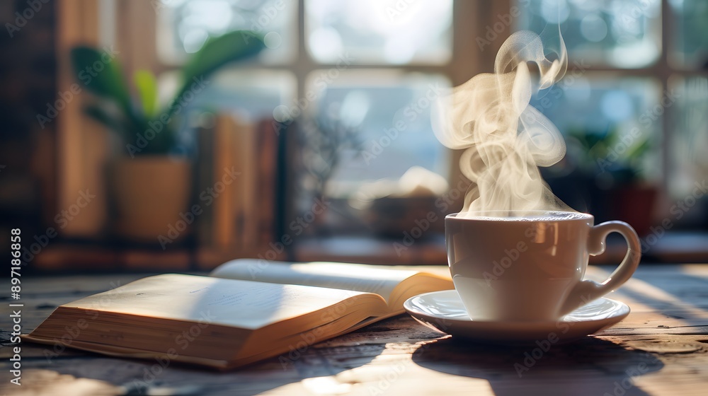 Steam and Cup: Steam rising from an invisible coffee cup, placed on a wooden café table with a book beside it.
Steam and Cup: Steam rising from an invisible coffee cup, placed on a wooden café table with a book beside it.