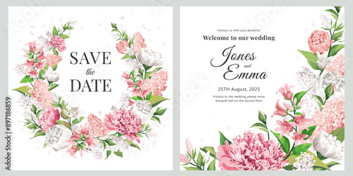 Wedding invitation. Frame with text and flowers - pink and white Rose, Peony, Campanula and Lilac isolated on white Background.
