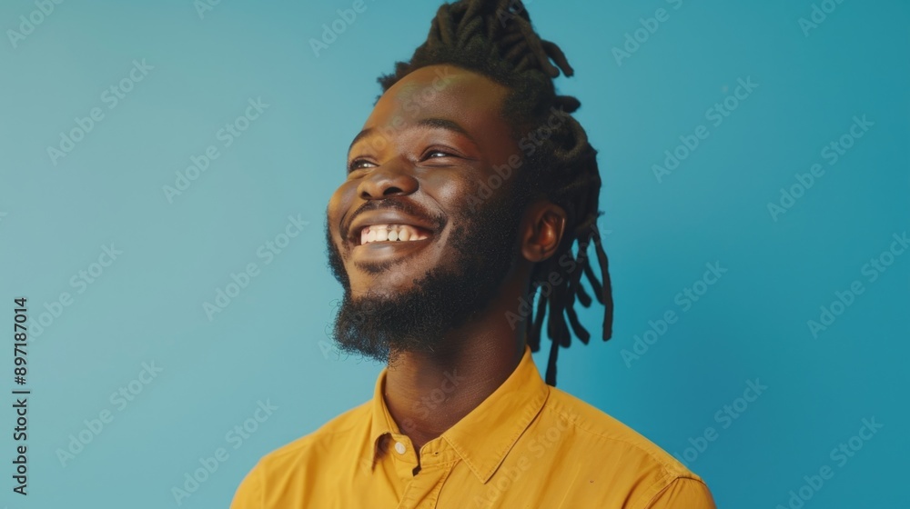 Cheerful man with a beard and dreadlocks, smiling brightly against a blue backdrop. Cheerful man with a beard and dreadlocks, smiling brightly against a blue backdrop.
