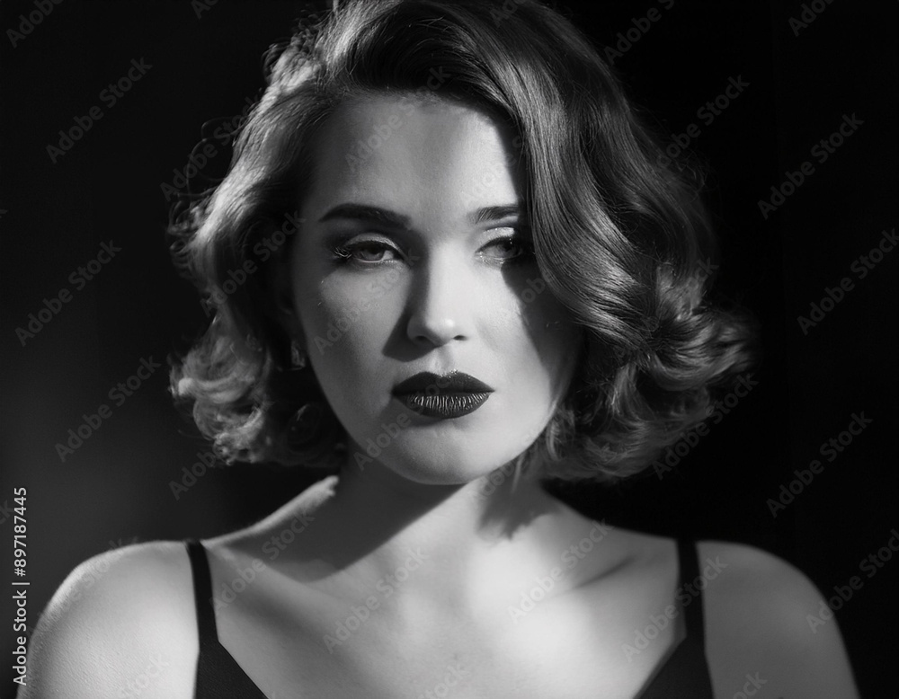 Elegant Film Noir Headshot of a Woman: Timeless Vintage Portrait with Dramatic Lighting and Shadows Elegant Film Noir Headshot of a Woman: Timeless Vintage Portrait with Dramatic Lighting and Shadows