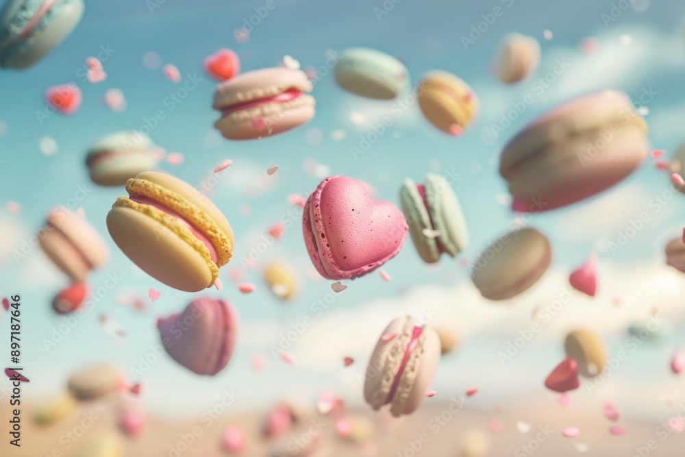 Pastel macarons dropping from a jar, creating a sweet, vibrant spectacle against a blue sky backdrop. Pastel macarons dropping from a jar, creating a sweet, vibrant spectacle against a blue sky backdrop.
