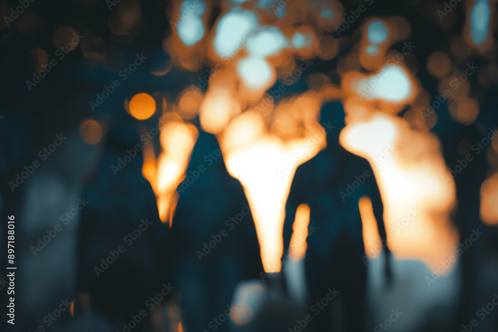 Blurred Silhouettes of People Walking in Park at Dusk, Capturing Calm and Peaceful Atmosphere, Concept of Relaxation and Leisure. Generative AI Blurred Silhouettes of People Walking in Park at Dusk, Capturing Calm and Peaceful Atmosphere, Concept of Relaxation and Leisure. Generative AI