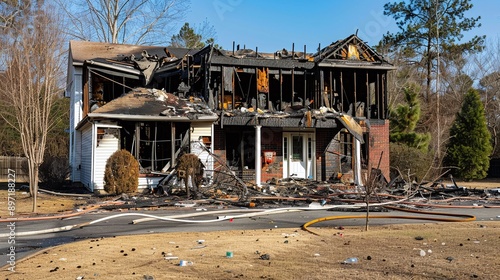 Residential property with fire damage needs restoration and cleaning services. Concept Fire Damage Restoration, Residential Property, Restoration Services, Cleaning Services, Property Repair