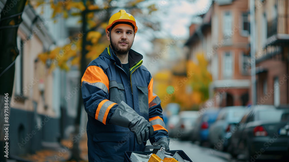 a man in worker utility uniform carrying recycling bin a man in worker utility uniform carrying recycling bin
