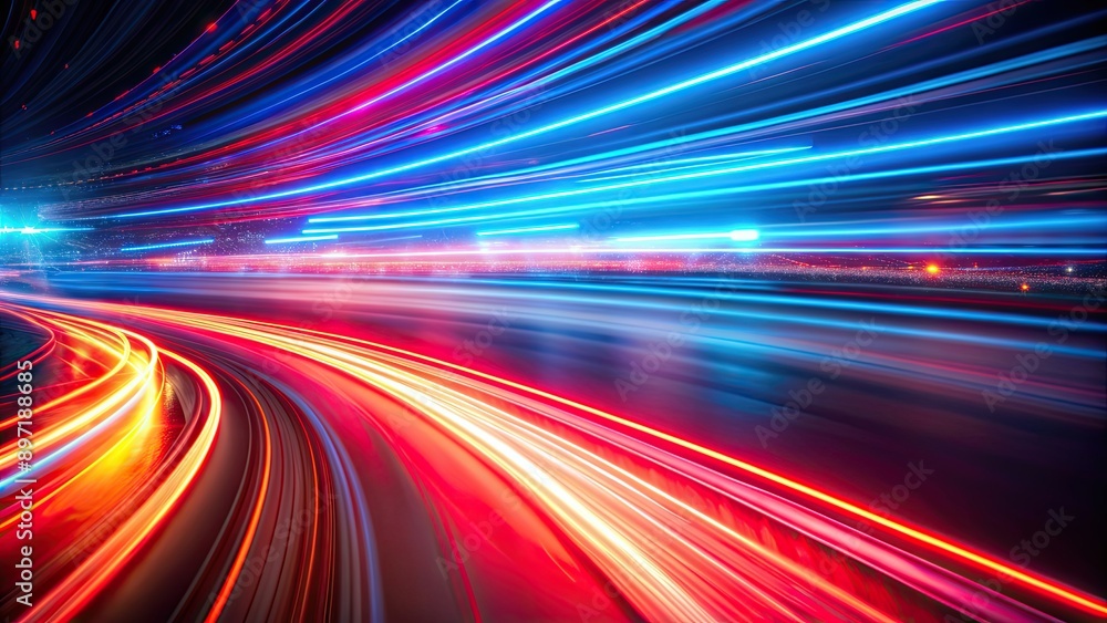 Abstract background with colorful glowing light lines in the shape of speed motion, red and blue colors, curved shapes Abstract background with colorful glowing light lines in the shape of speed motion, red and blue colors, curved shapes