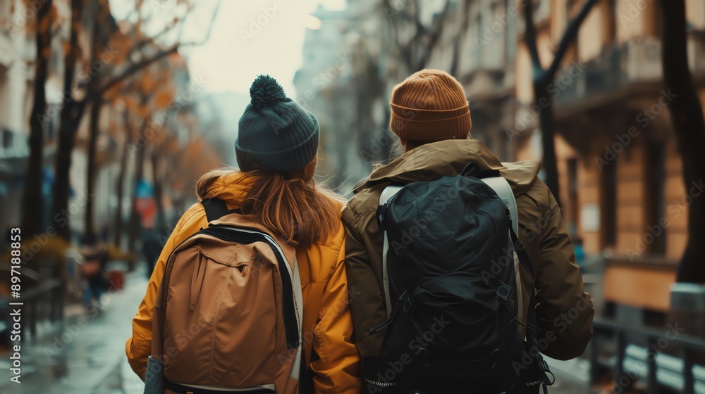 A couple is walking down a city street. A couple is walking down a city street.