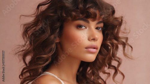 Studio portrait of gorgeous female model with fresh glowy skin and voluminous well defined healthy curly hair