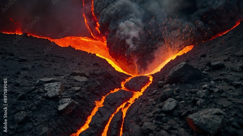 Dynamic Illustration of Erupting Lava Featuring Volcanic Activity and Fiery Lava Flows for Geology and Science