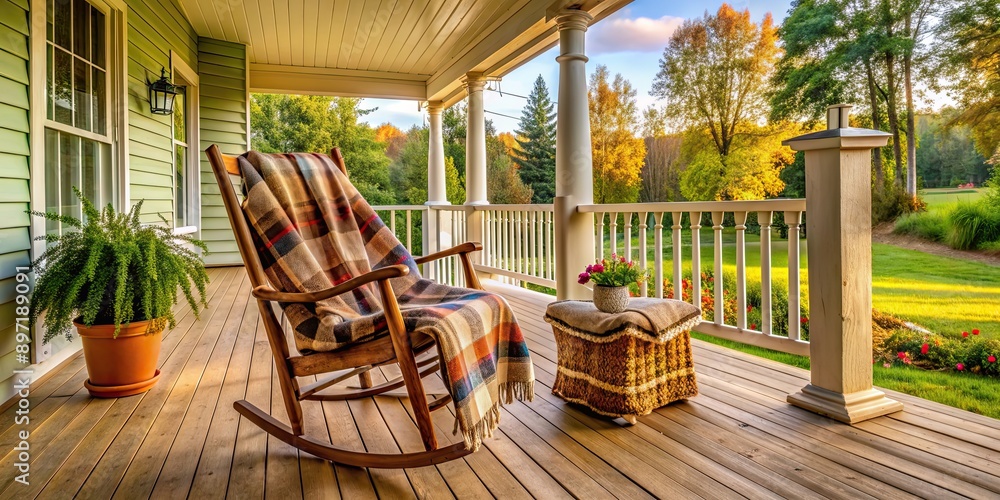 Fototapeta premium Cozy veranda in a country house with a rocking chair and a blanket, veranda, porch, country house, cozy, relaxation