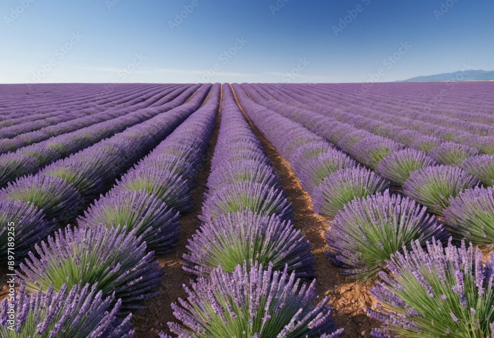 Fototapeta premium Vibrant field of lavender stretching towards the horizon under a clear blue sky (summer). 