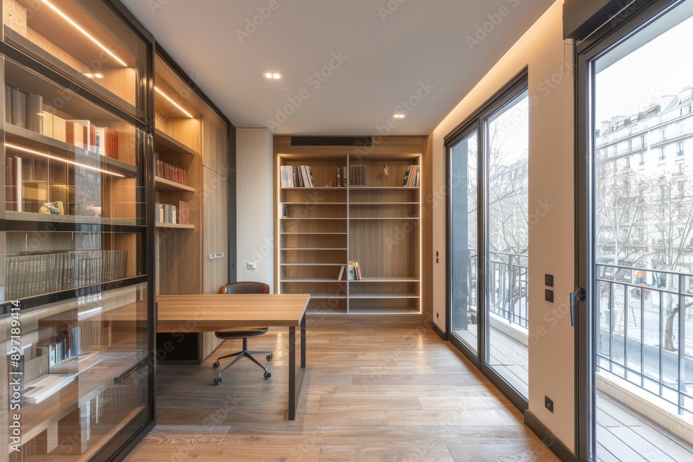 a modern office interior with bookshelves. a modern office interior with bookshelves.