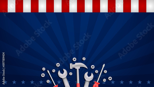 Labor Day background copy space for sale promotion, advertising, poster, banner, template with American flag and work tools