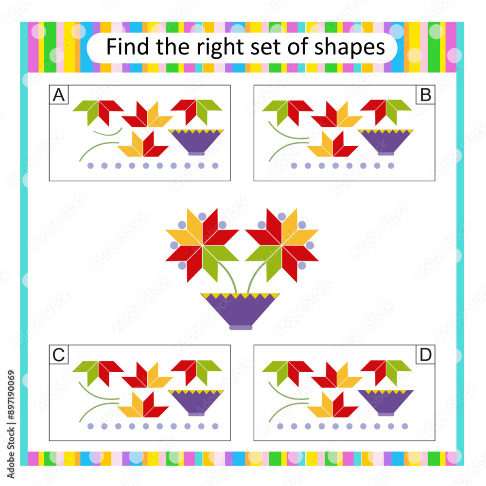 Obraz premium Puzzle for kids. Attention task. Find the correct set of cartoon flowers. Answer is C.