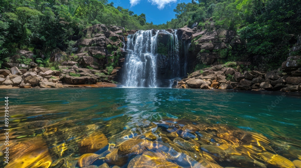 Waterfall cascading into a clear pool in a tropical jungle Waterfall cascading into a clear pool in a tropical jungle